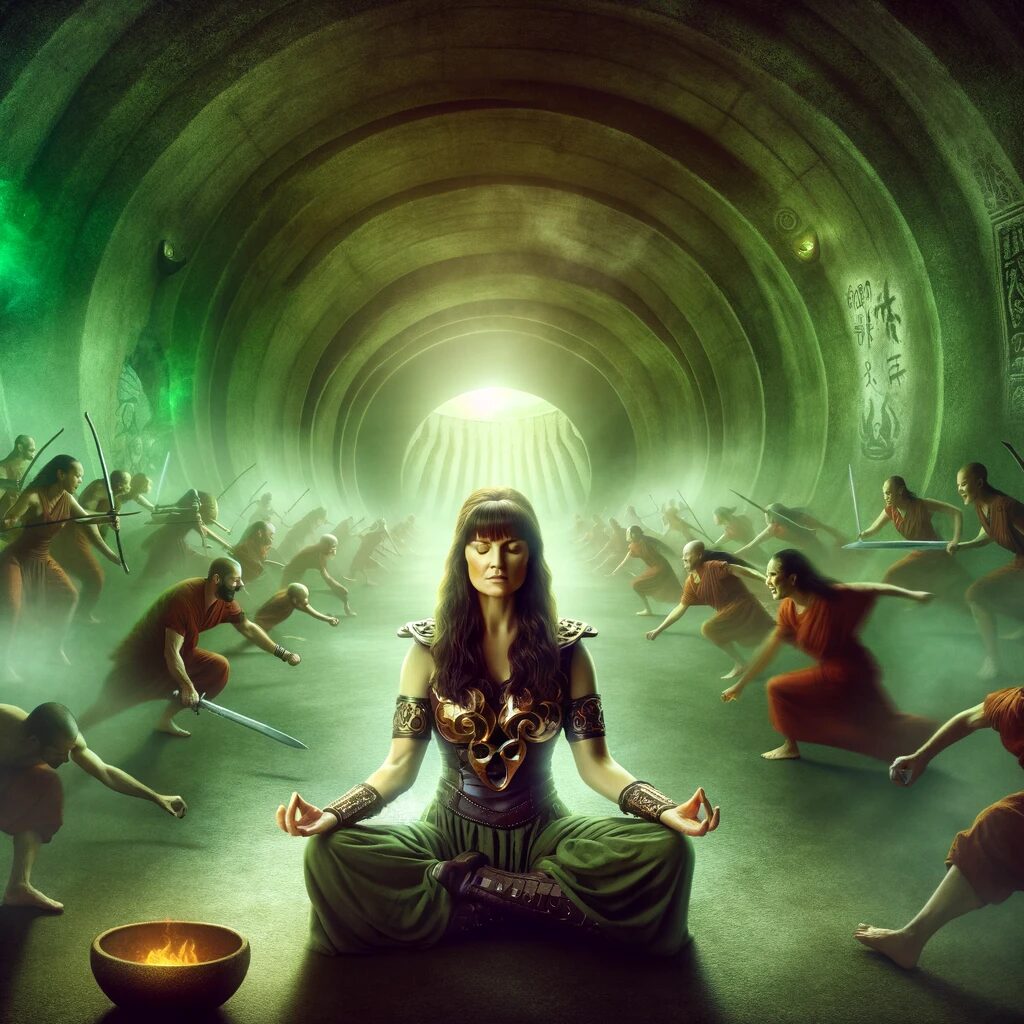 Xena sentada num quarto verde, meditando, cercada por guerreiros. Xena esta com sua armadura peitoral característica, dourada, mas uma saia verde escura e suas botas. A imagem foi criada por inteligência artificial utilizando o texto do capítulo